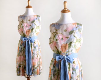 Vintage 1960s Floral Dress - Botanical Saks Fifth Avenue Summer Dress - Floral Print Chiffon - Medium Small
