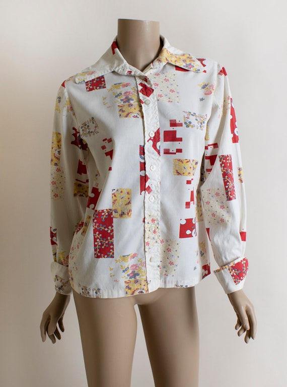Vintage 1970s Patchwork Blouse - Button Up Front … - image 4