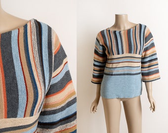 Vintage 1970s Striped Knit Sweater Top - Muted Blues Browns Horizontal Boatneck Bell Sleeve Cozy Boho Autumn Sweater - Medium