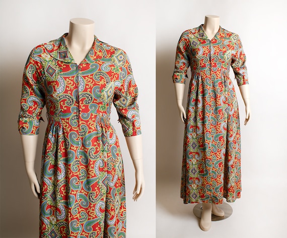 Vintage 1940s Dressing Gown - Red Floral Swirl Pri