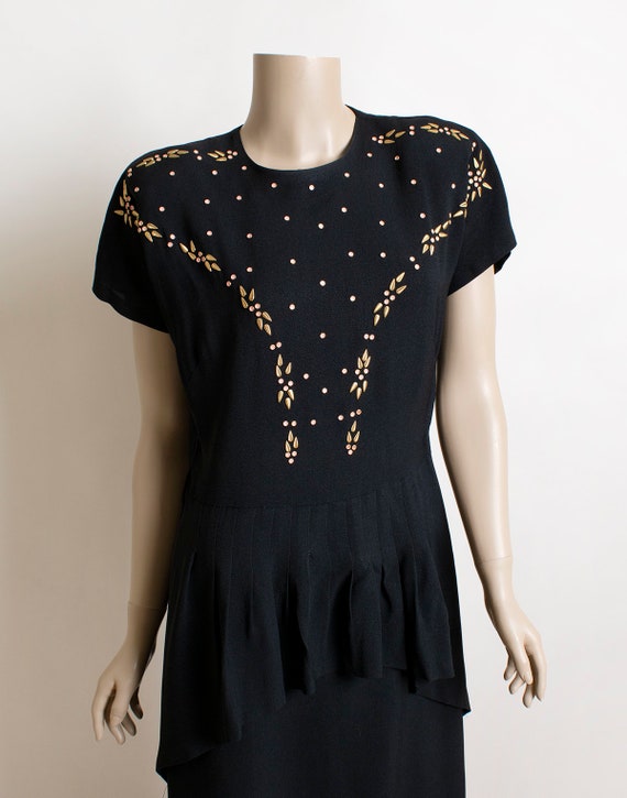 Vintage 1940s Dress - Studded and Beaded Black Ra… - image 4