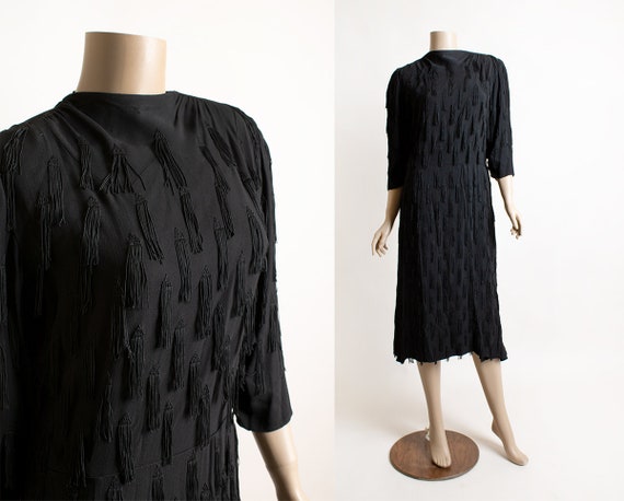 Vintage 1940s Fringe Dress - Black Rayon with Dan… - image 1