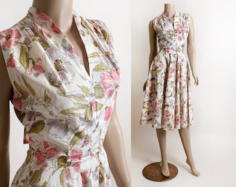 Vintage 1950s Floral Dress - Gigi Young Designs - Soft Punk Flower Print Olive Green Midi Dress with Back Bow Sash - Small XS