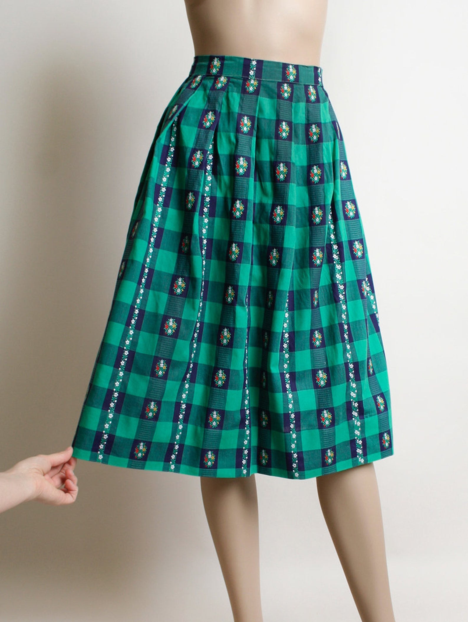 Vintage 1960s Skirt Emerald Green Plaid Cotton Floral Square | Etsy