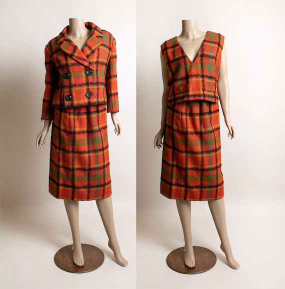 Vintage 1960s Plaid Skirt Vest & Coat Set - Red T… - image 1