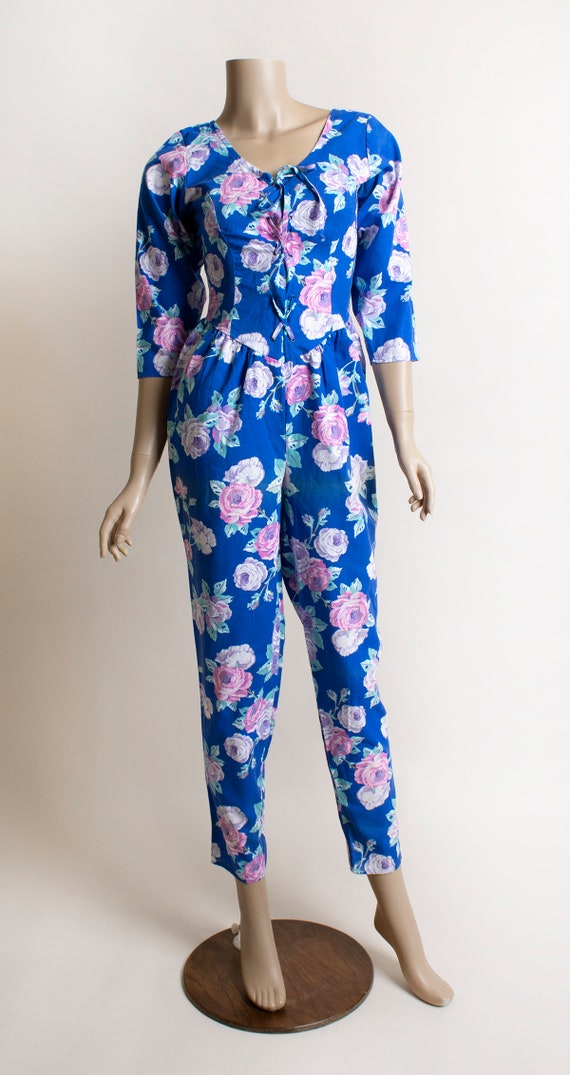 Vintage 1980s Floral Jumpsuit - Bright Royal Blue… - image 2