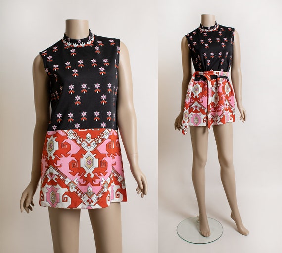 Vintage 1960s Geometric Tunic Top - Hot Pink Black