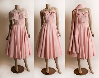 Vintage 1950s Pink Rhinestone Top & Skirt Set - 4 Piece Outfit with Matching Sash Scarf and Lace Capelet by Fanee California - Rockabilly Sm