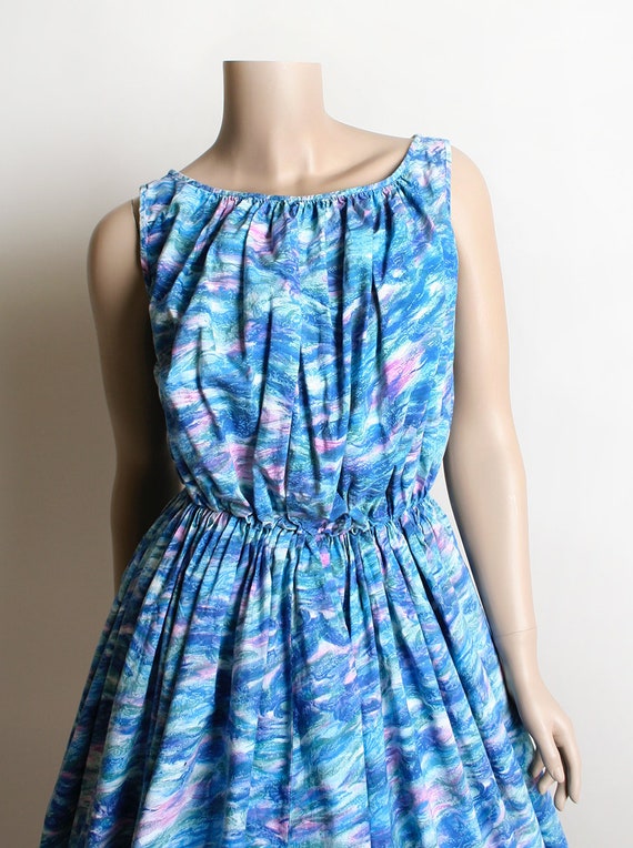 Vintage 1960s Dress - Blue Watercolor with Pink B… - image 5