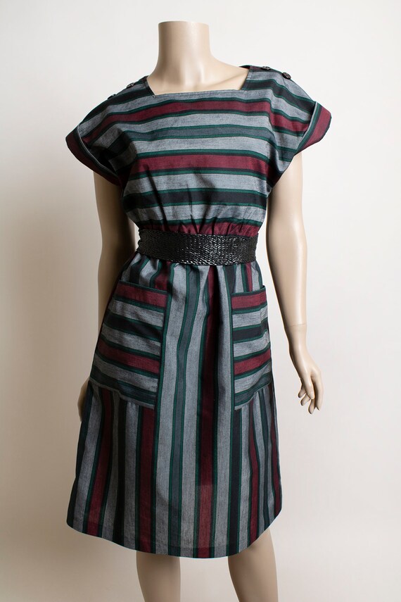 Vintage 1980s Striped Dress with Belt - Maroon Bu… - image 3