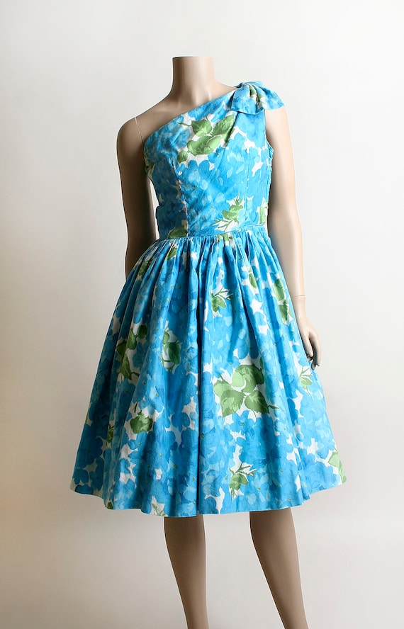 Vintage 1950s Dress - One Shoulder Aqua Blue Flor… - image 4