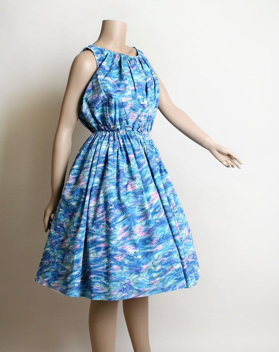 Vintage 1960s Dress - Blue Watercolor with Pink B… - image 4