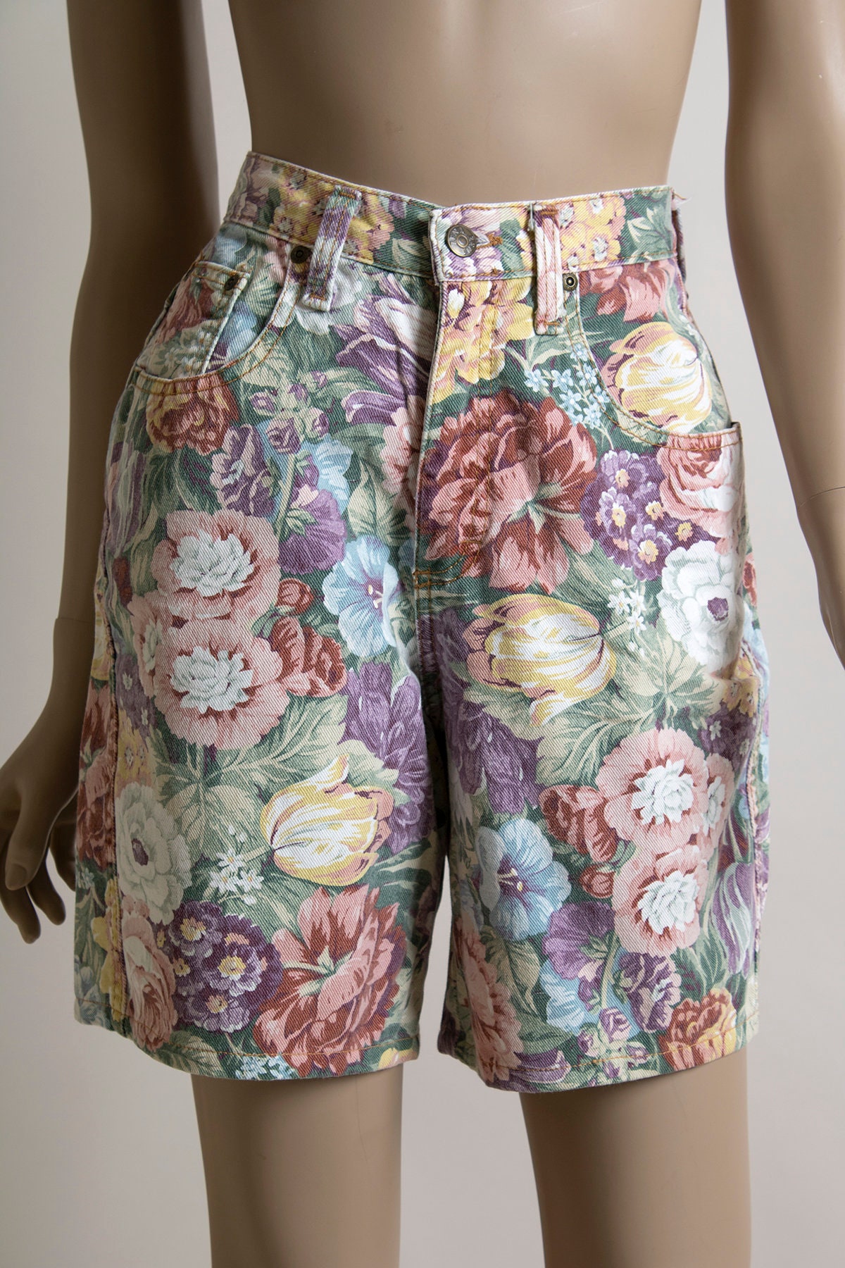 Vintage 1980s Floral Print Jean Shorts - Pastel Flower