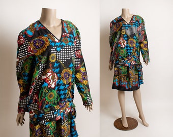 Vintage Diane Freis Blouse & Skirt Set - 1980s 1990s Colorful Saddle Chain Houndstooth Print Sheer Long Sleeve Oversize Pendant Silk Small