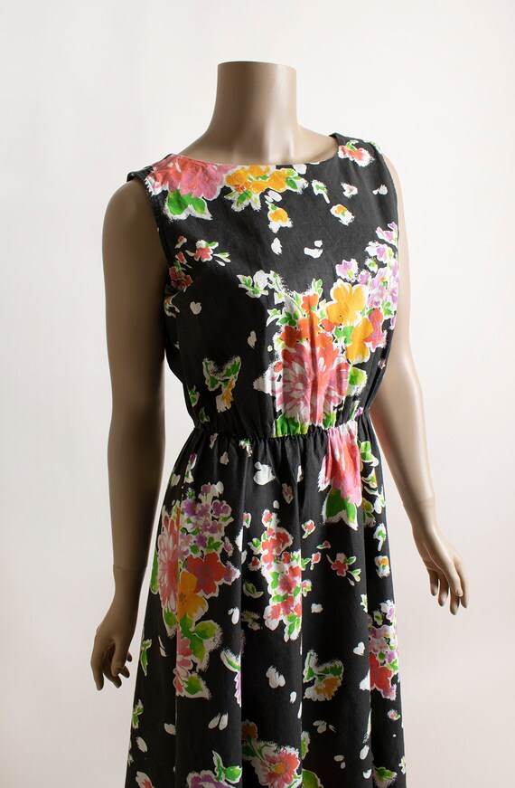 Vintage 1980s Dark Floral Summer Dress - Black Co… - image 6