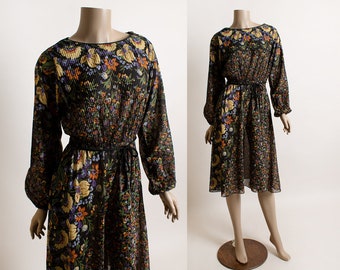 Vintage 1970s Dark Floral Sheer Dress - Paisley Print Long Sleeve Micro Pleat Boho Bohemian Black Flowers with Waist Tie Belt - Medium