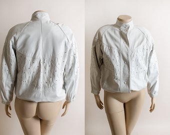 Vintage 1980s White Leather Jacket with Rhinestones - Giovinezza Moda Butter Soft Oversize Puff Stylish 80s Snap Front - Large