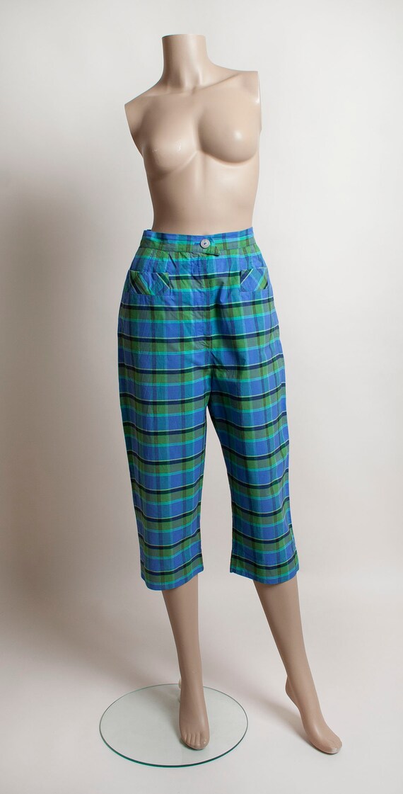 Vintage 1950s Plaid Capri Pants - Teal Blue & Gre… - image 4