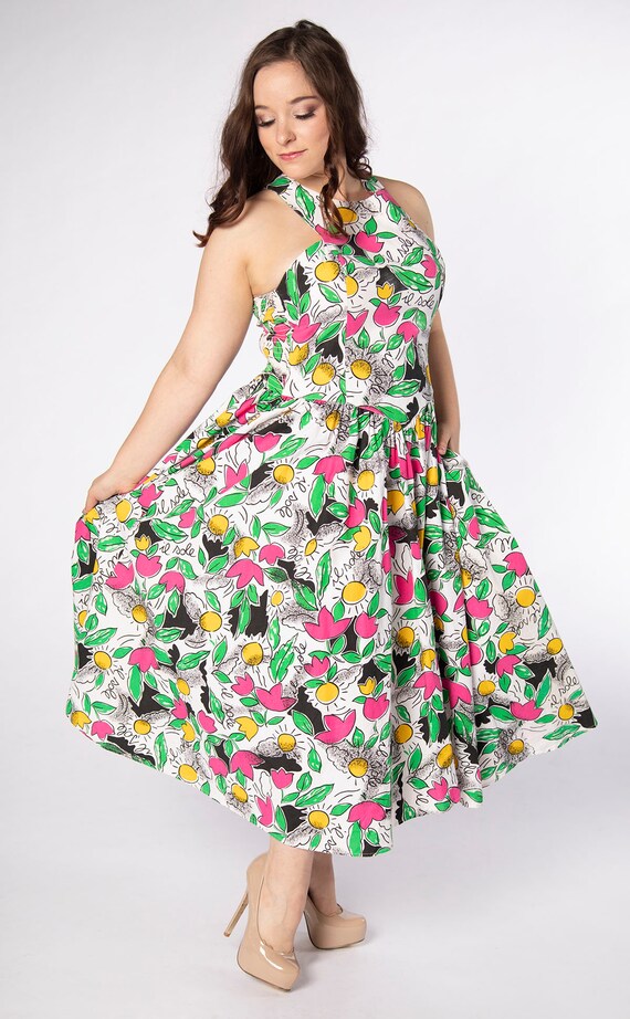 Vintage Novelty Print Halter Dress - 1980s Floral… - image 5