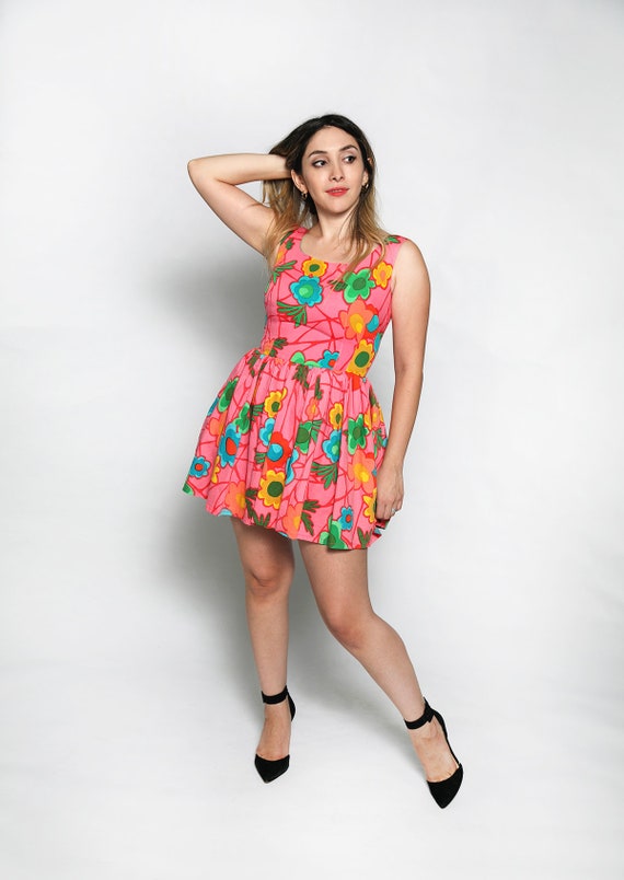 Vintage 1960s Mini Dress - Hot Pink Colorful Flora