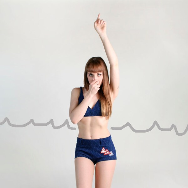 Vintage 1970s Bikini - Navy Blue Tomahawk Hills Camp Team Swim Suit - Medium