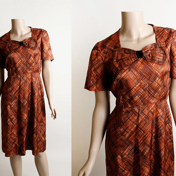 Vintage 1960s Dress - Autumn Rust Evening Cocktail Party Dress - Large Velvet Bow - Brown Red Cross Hatch Print - Medium