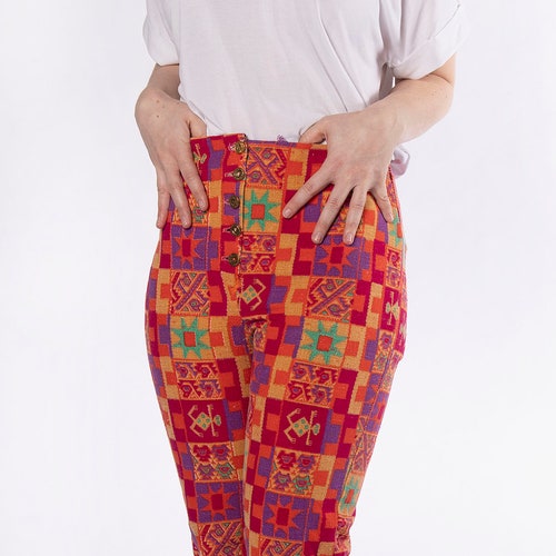 Vintage 1960s Pants - Psychedelic Neon Colorful Ethnic Guatemalan Mexican Textile Style Flared Leg shops Pants - Woven - Small 26