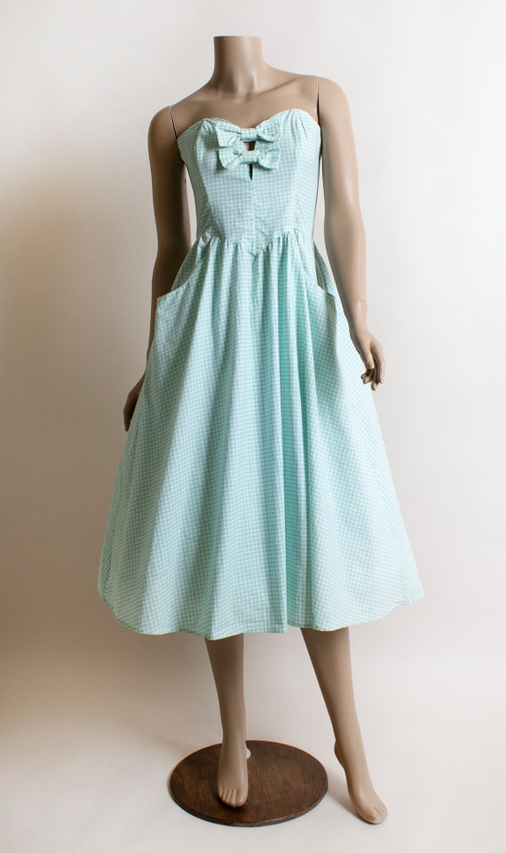 Vintage Gunne Sax Dress - Strapless 1980s Teal Se… - image 3