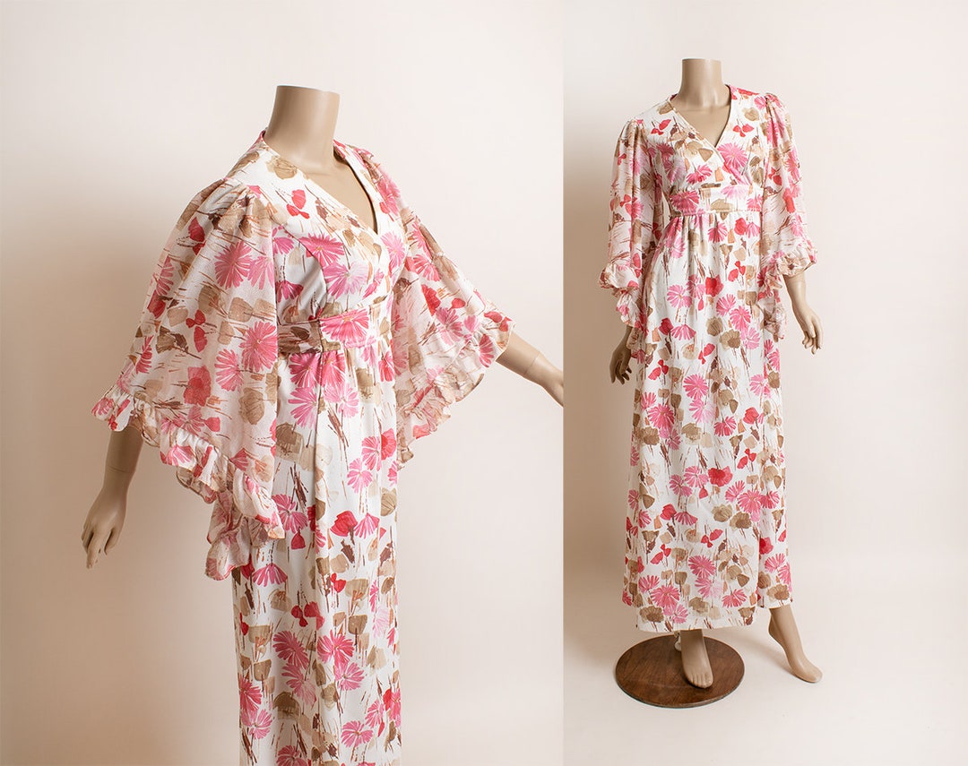 Vintage 1970s Angel Wing Pink Floral Print Maxi Dress - Sheer Large ...