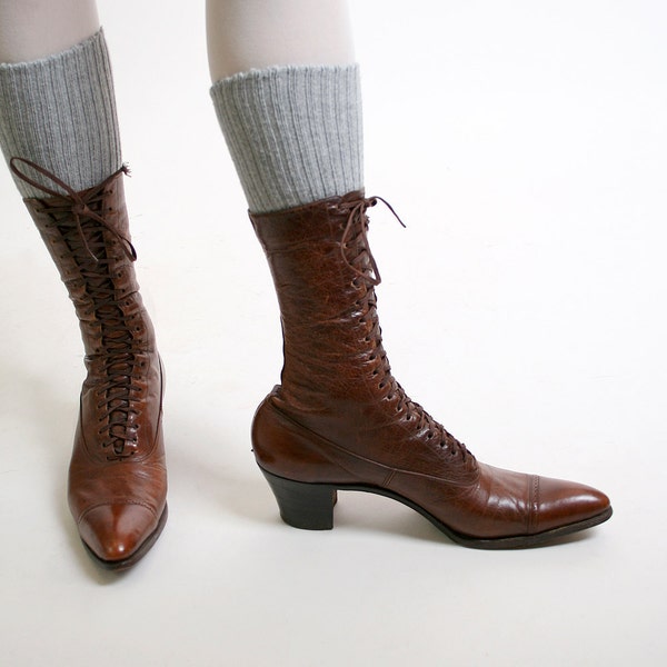 Vintage Witch Boots Caramel Brown Victorian Lace Up Oxford Boots - US Size 6.5 6 narrow Small Heeled