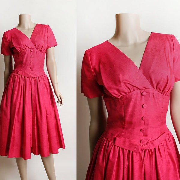 Vintage 1950s Dress - Magenta Cocktail Party Dress - Shantung - Buttons and Bows - Hot Pink - Drop Waist Formal Evening - Small