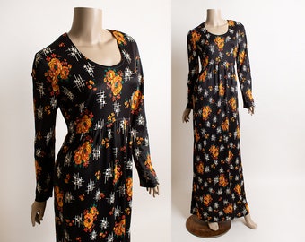 Vintage 1960s Floral Print Maxi Dress - Fire Orange Flowers with White Abstrat Sketch Art - Long Sleeve Nylon Black - 1970s Medium