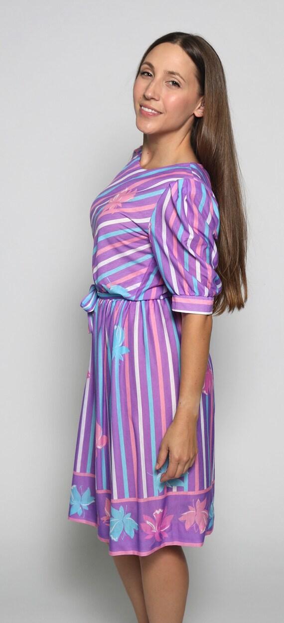 Vintage 1980s Striped Dress - Pastel Pink Purple … - image 4