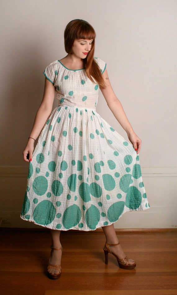 Vintage 1950s Dress - Mint Green Bubbles Circles P
