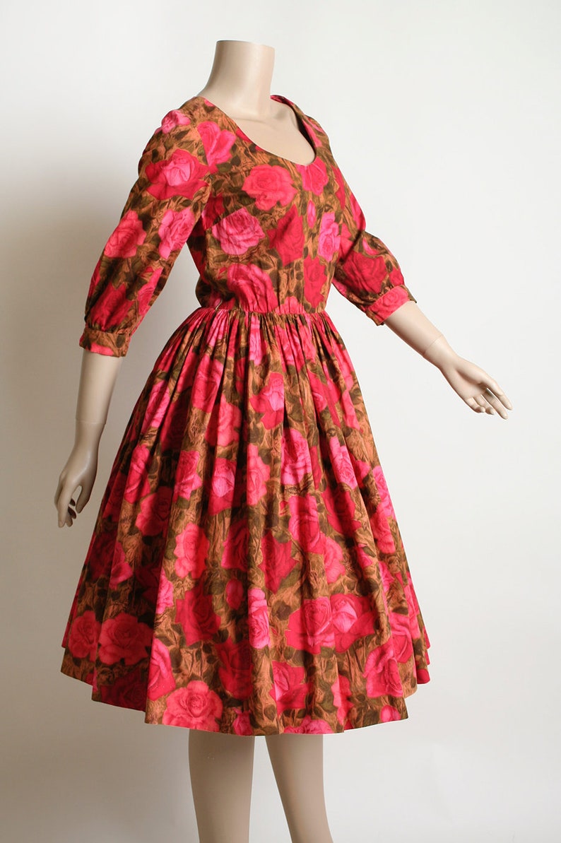 1950s Brown and Pink Rose Print Dress