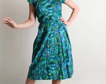 Vintage 1960s Floral Dress - Sequined Bodice Watercolor Teal Green Print Cotton Dress - Medium