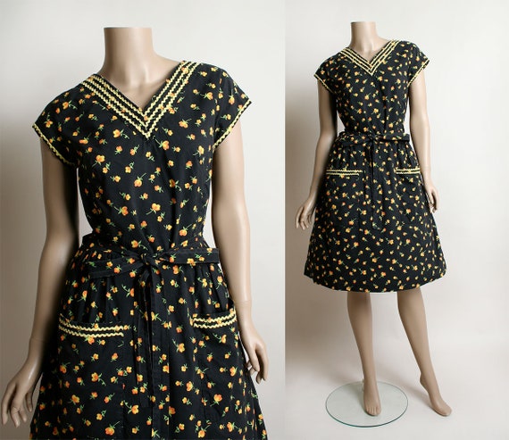 Vintage Swirl Wrap Dress - 1950s Black & Yellow Fl