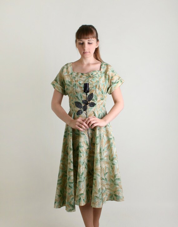 Vintage 1950s Dress - Sheer Mint Leave Print Ligh… - image 2