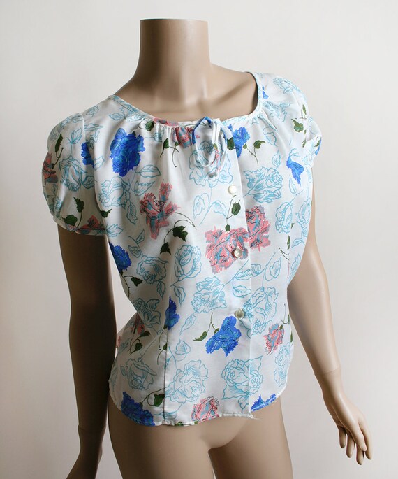 Vintage Rose Print Blouse - 1950s Cotton Pink & S… - image 6