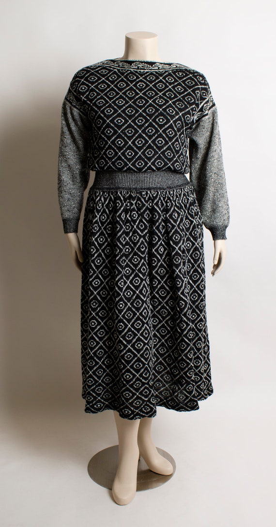 Vintage Knit Sweaterdress - Black and White Geome… - image 2