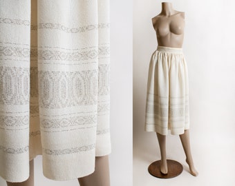 Vintage 1950s Cream Embroidered Skirt - Golden Border Print Design Thread Skirt - XS Small
