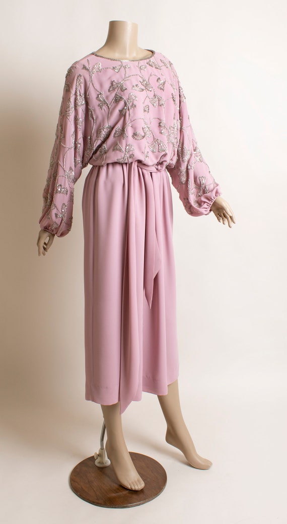 Vintage Mauve 1970s Beaded Dress - Draped Billowy… - image 3
