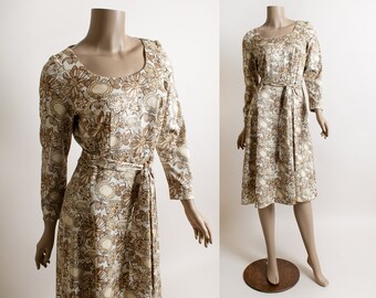 Vintage Floral Print Dress - 70s Style Beige Light Cocoa Flower Garden Neutral Mute Tones - Long Sleeve Classic Day Dress Flare Skirt Medium