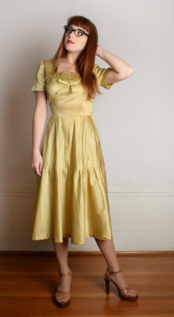 Vintage 1950s Dress - Golden Mustard Yellow Rhine… - image 1