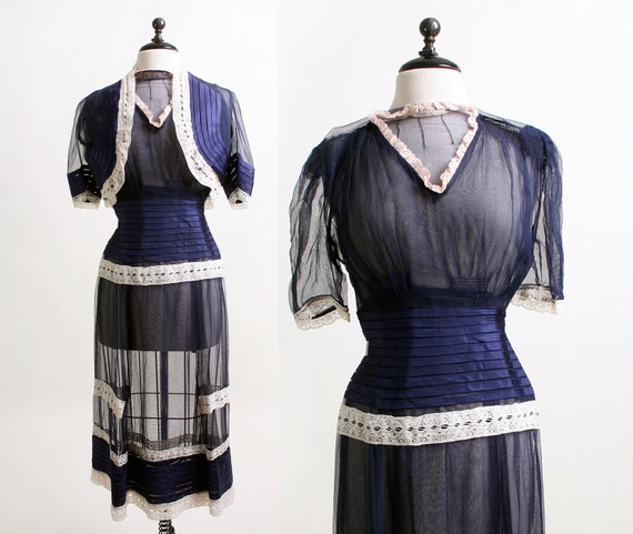 1940s Sheer Dress - Dark Navy Blue and White Lace