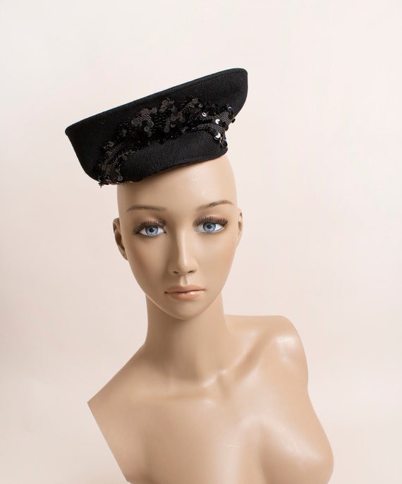 Vintage 1940s Black Sequin Tilt Hat - Berkshire W… - image 2