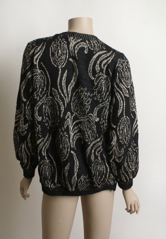 Vintage 1980s Rose Sweater - Golden Metallic & Bl… - image 4
