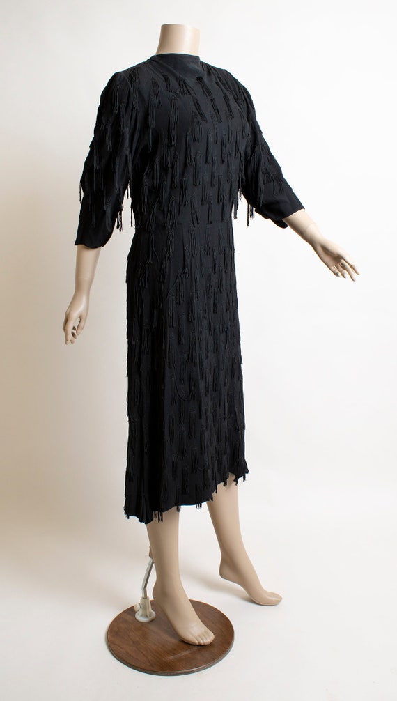 Vintage 1940s Fringe Dress - Black Rayon with Dan… - image 2