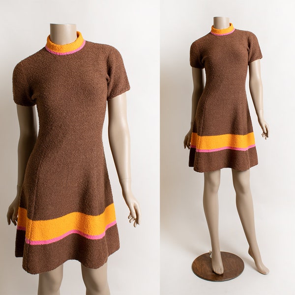 Vintage 1960s St. John Knits Dress - Chocolate Brown Orange & Hot Pink Border Striped Mod Dress - Small