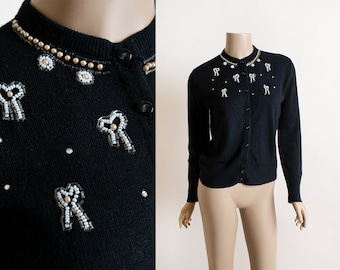 Vintage 1950s Cashmere Cardigan Sweater - Beaded & Pearl Bow Design Black Knit Button Up Cardigan - Orlon - Rhinestone - Medium
